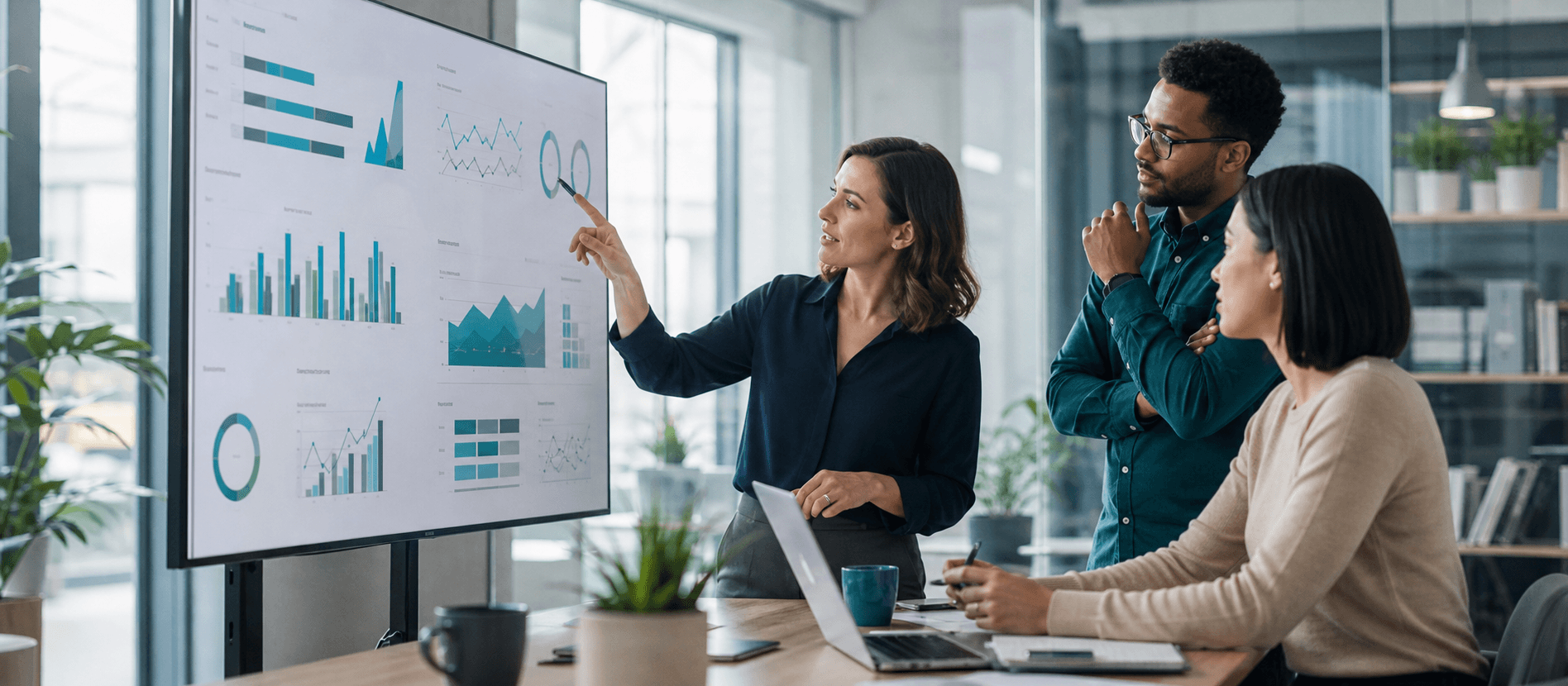 Analytics professionals reviewing business performance charts together