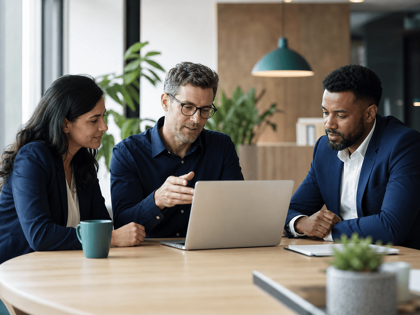 Analytics consultant collaborating with two business leaders