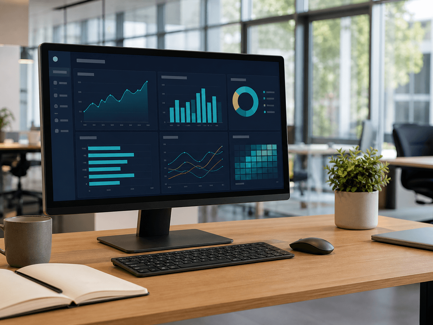Business intelligence dashboard displayed at a modern office workstation
