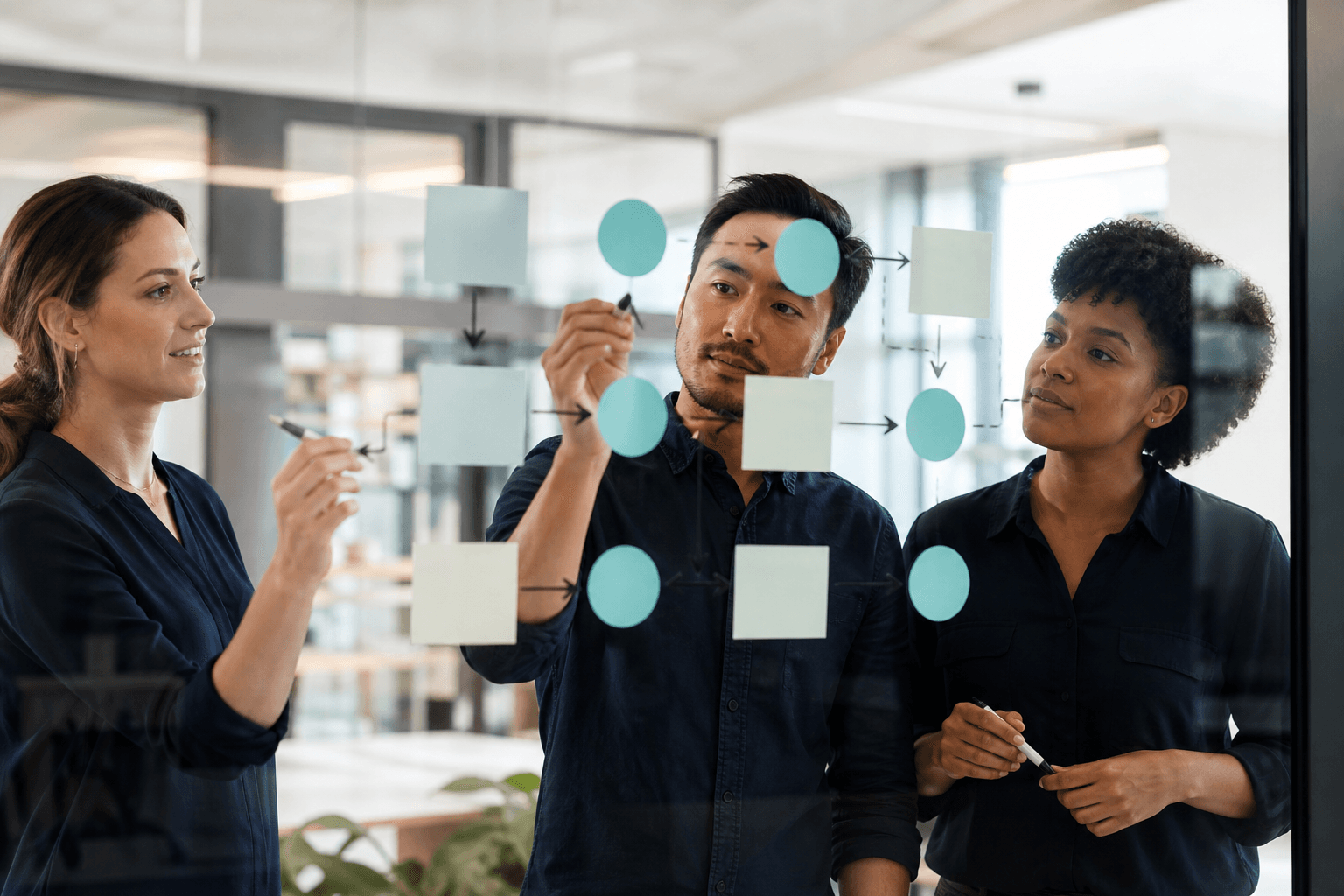 Professionals mapping an automation workflow on a glass board