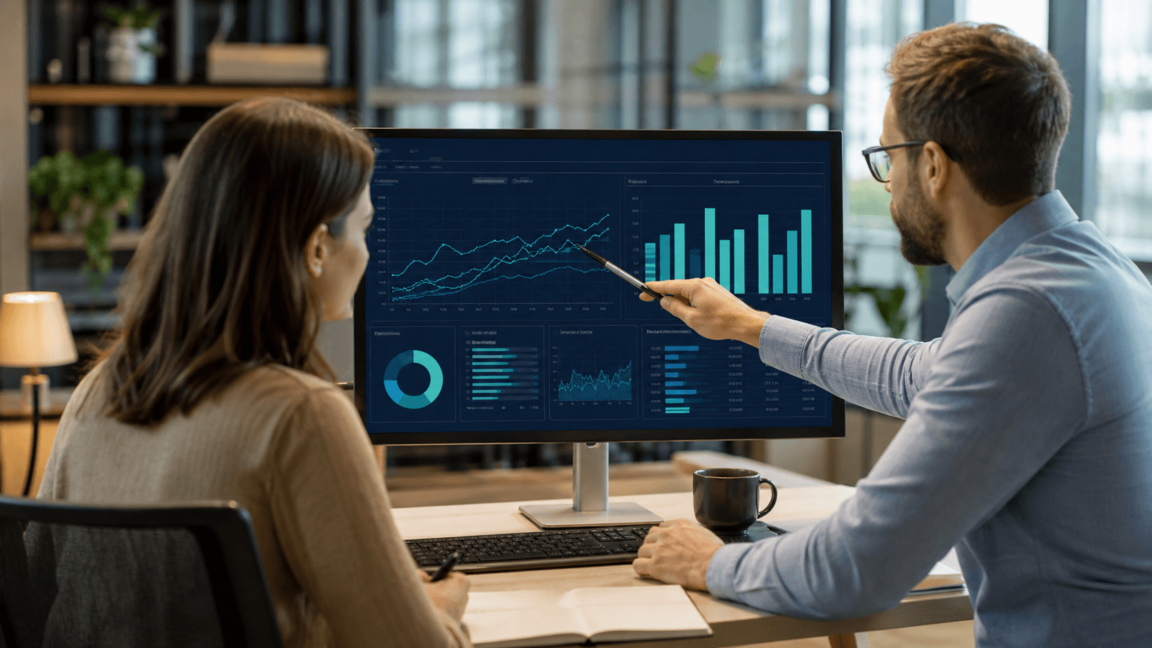 Two professionals reviewing a business intelligence dashboard