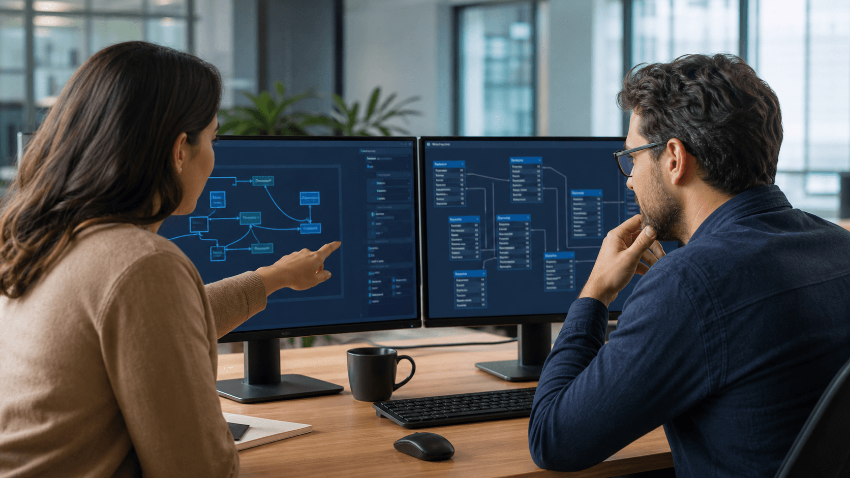 Data engineering collaborators reviewing database relationships on two monitors